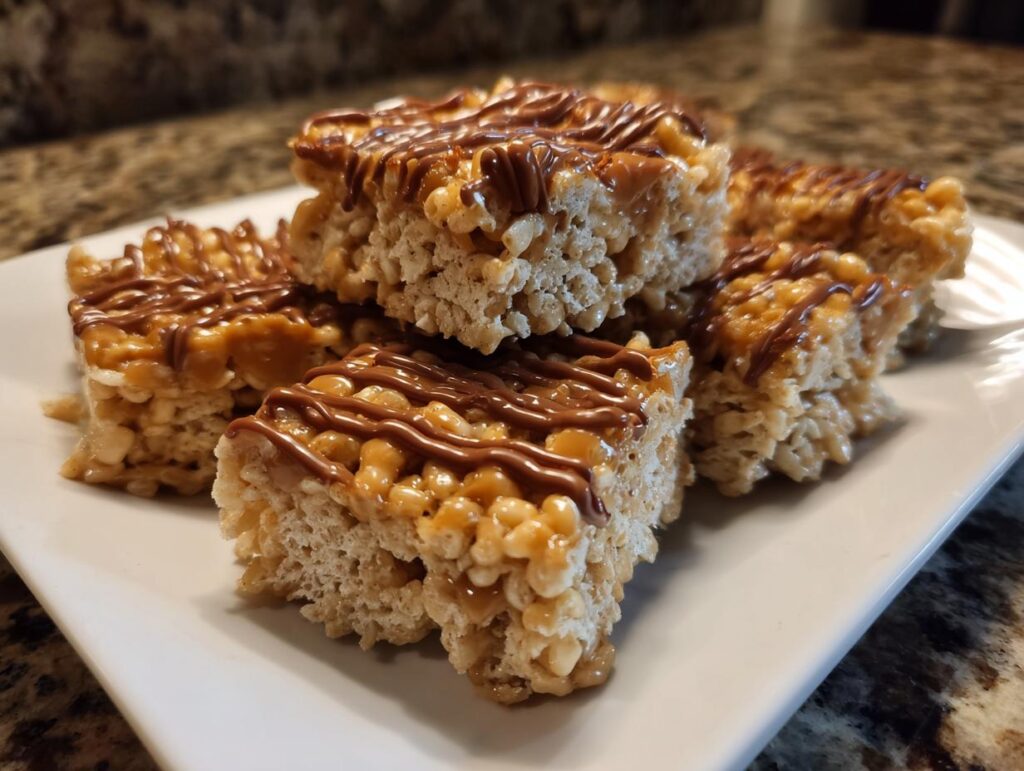 A stack of delicious, homemade Ultimate Chewy Peanut Butter Rice Krispie Treats drizzled with chocolate.