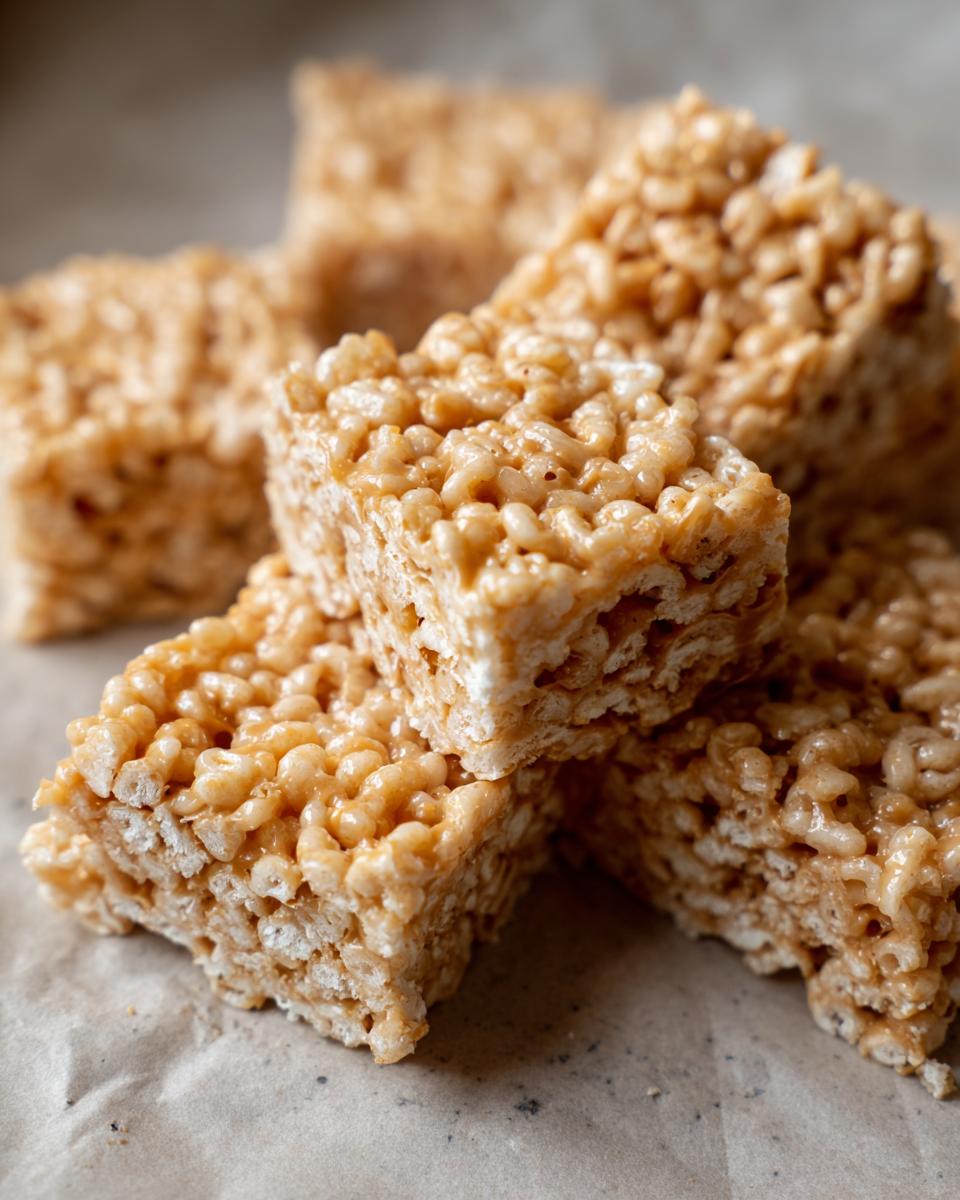 A stack of homemade Ultimate Chewy Peanut Butter Rice Krispie Treats on parchment paper.