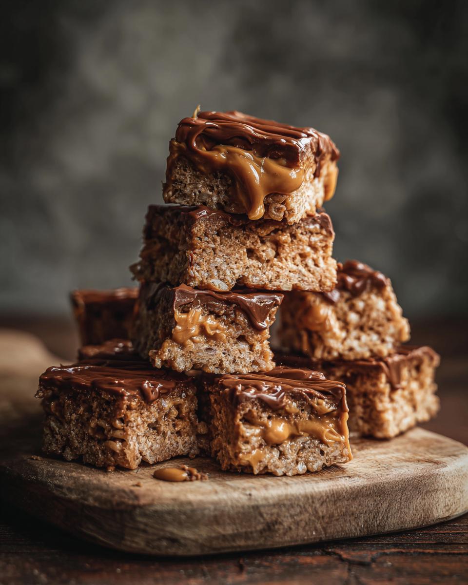 A stack of chewy Peanut Butter Rice Krispie Treats with chocolate and peanut butter drizzle on a wooden board.