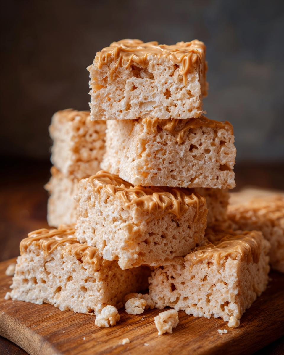 A stack of Ultimate Chewy Peanut Butter Rice Krispie Treats drizzled with peanut butter on a wooden board.