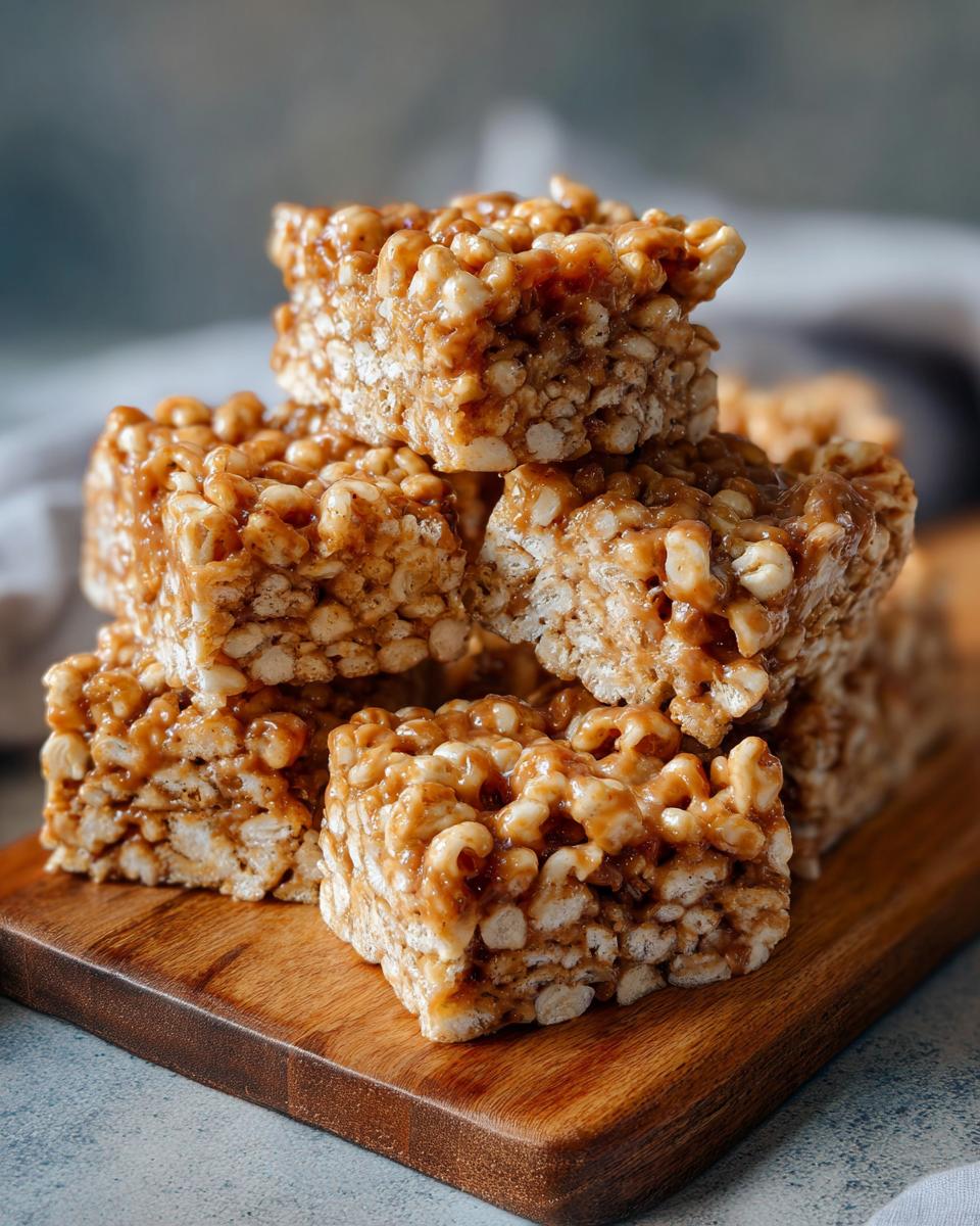 A stack of Ultimate Chewy Peanut Butter Rice Krispie Treats on a wooden board.