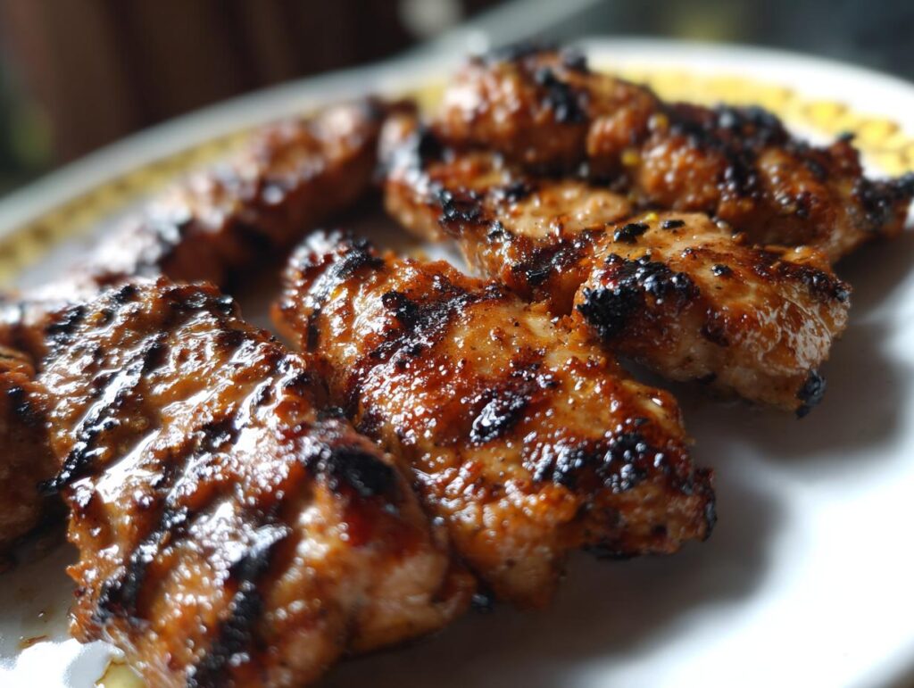Close-up of delicious Chick Fil Grilled Nuggets on a white plate, showcasing their grilled texture and color.