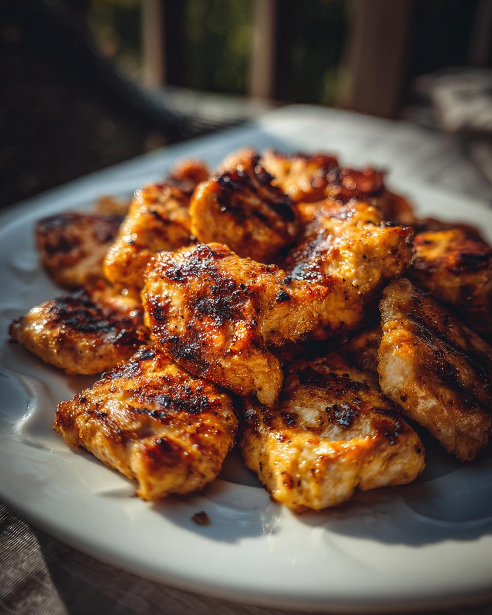 A plate of freshly grilled Chick Fil Grilled Nuggets with visible grill marks and a golden-brown color.