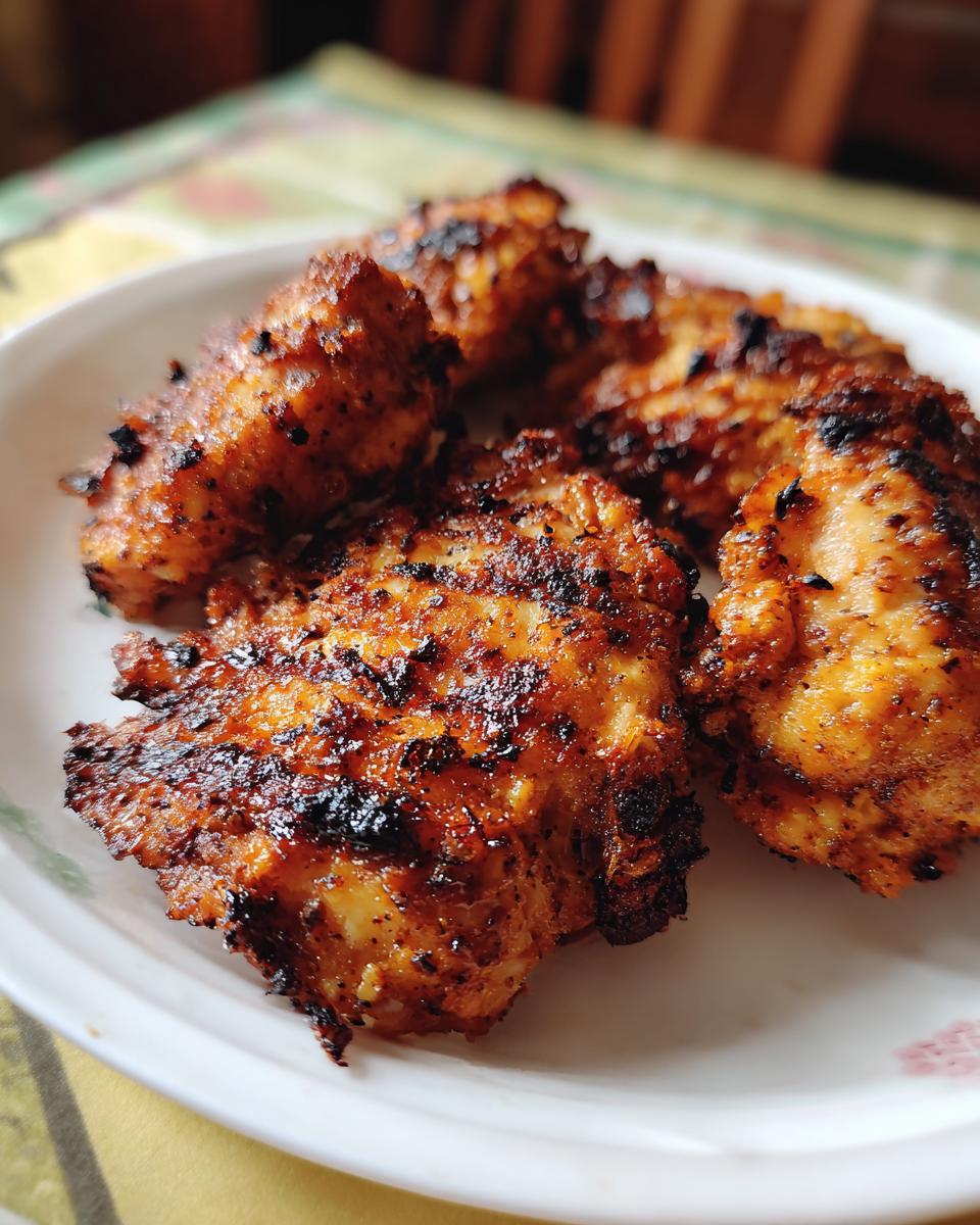 Close-up of a plate with several Chick Fil Grilled Nuggets, showing grill marks and seasoning.
