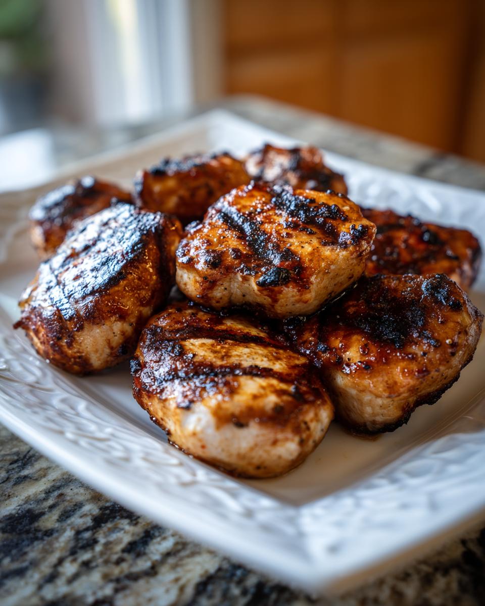 Close-up of Chick Fil Grilled Nuggets on a white plate, showcasing the grill marks and juicy texture.