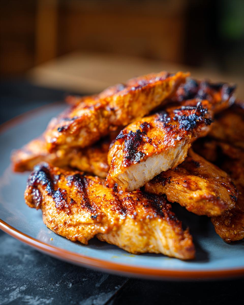 A close-up of Chick Fil Grilled Nuggets piled on a blue plate, showcasing their grill marks and juicy texture.