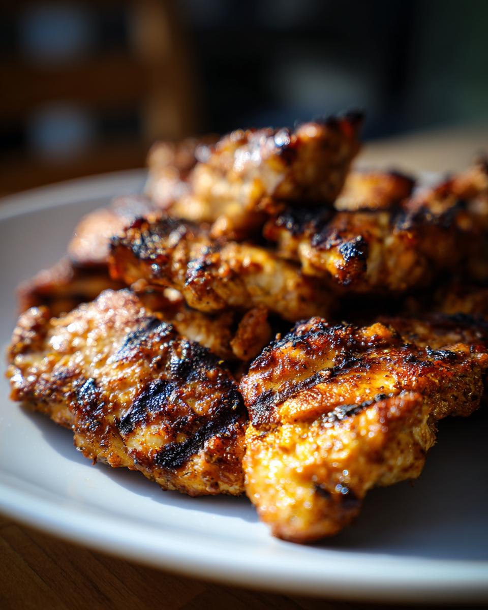 A plate of freshly grilled Chick Fil Grilled Nuggets with visible grill marks.