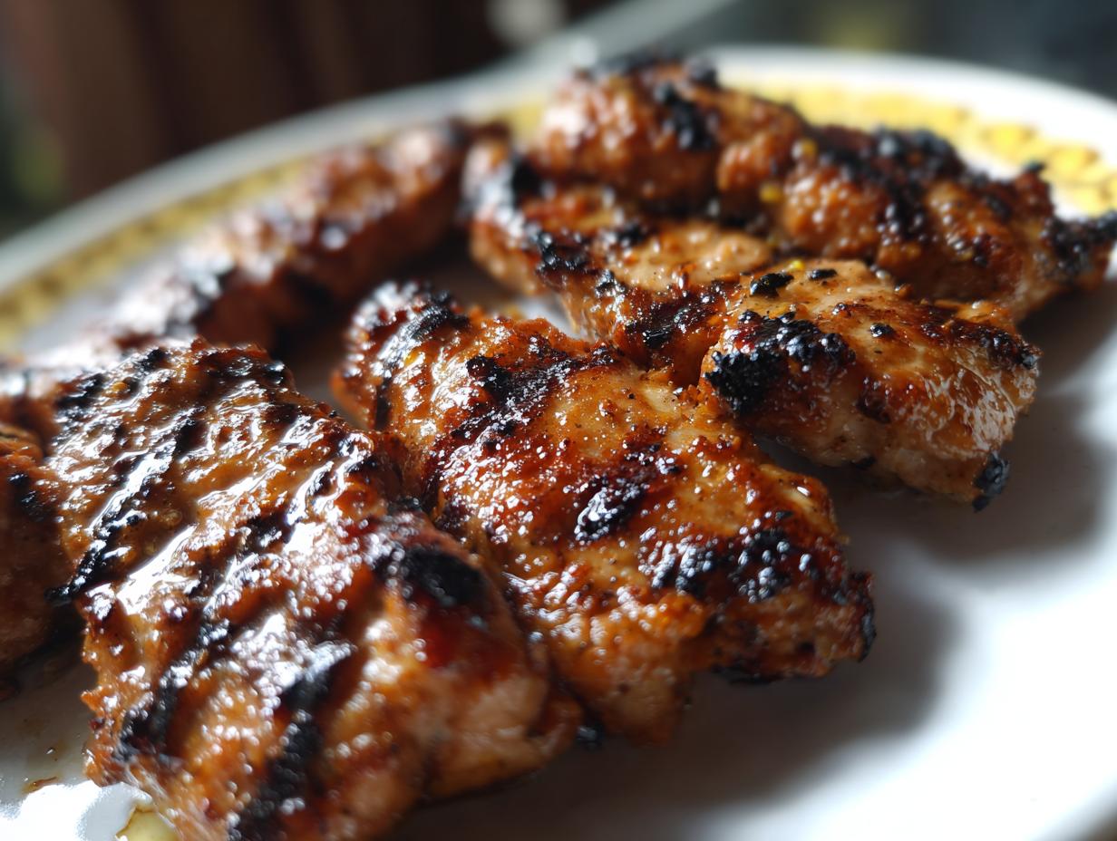 Close-up of delicious Chick Fil Grilled Nuggets on a white plate, showcasing their grilled texture and color.