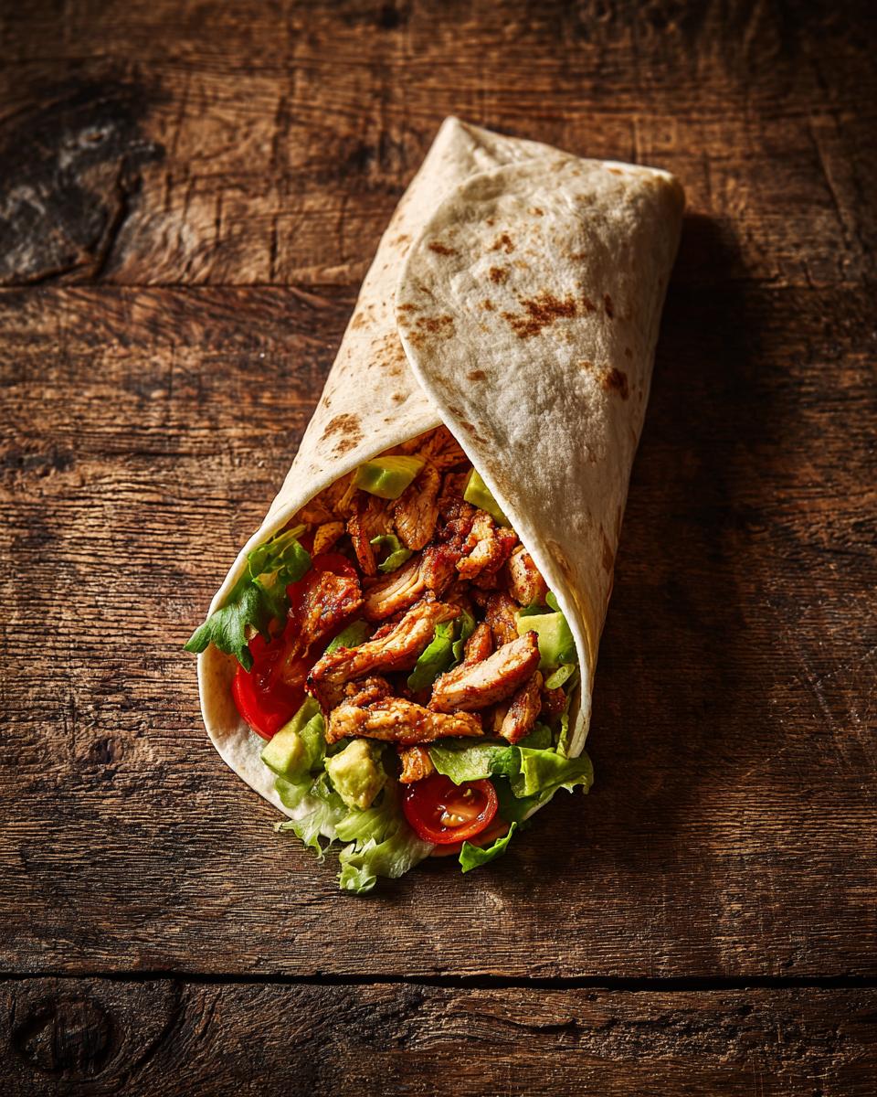 A tasty Chicken Avocado Wrap filled with chicken, avocado, lettuce, and tomato on a wooden surface.