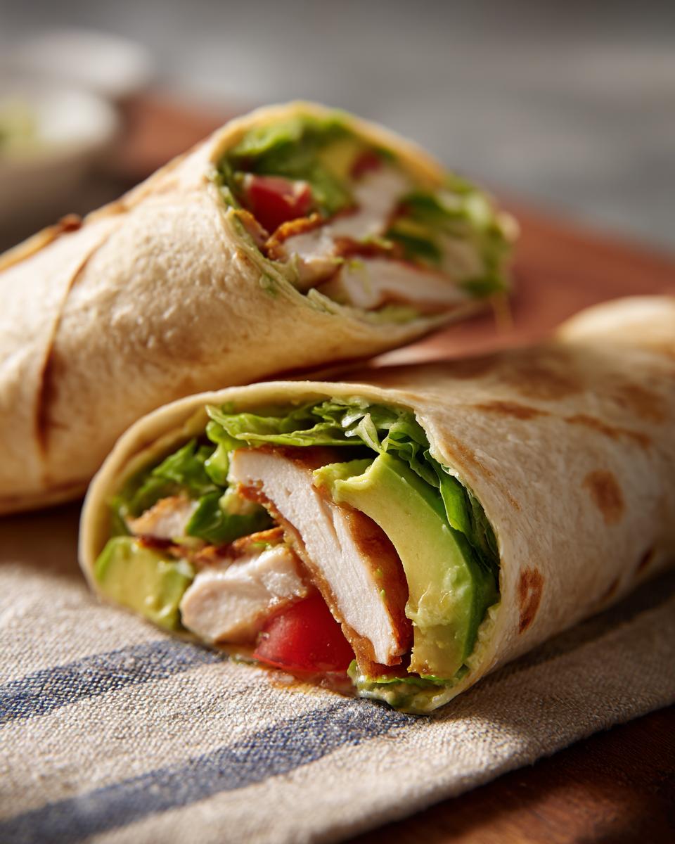 Two chicken avocado wraps, cut in half to show the layers of chicken, avocado, lettuce, and tomato.