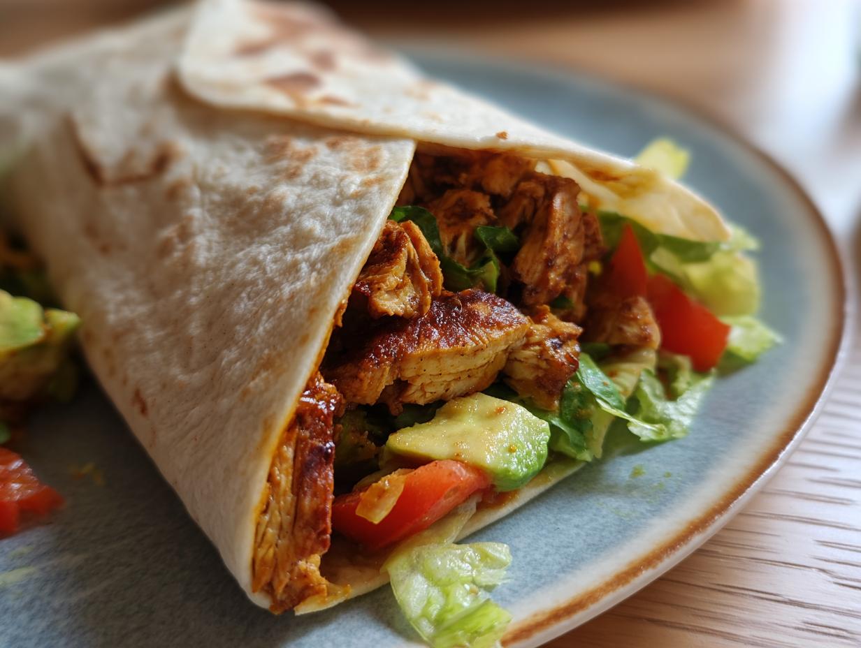 A close-up of a Chicken Avocado Wrap filled with chicken, avocado, lettuce, and tomato.