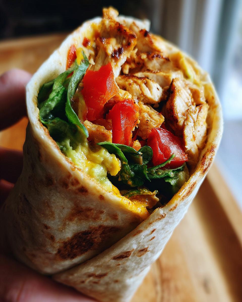 A close-up of a flavorful Chicken Avocado Wrap, showcasing the grilled chicken, avocado, tomatoes, and spinach.