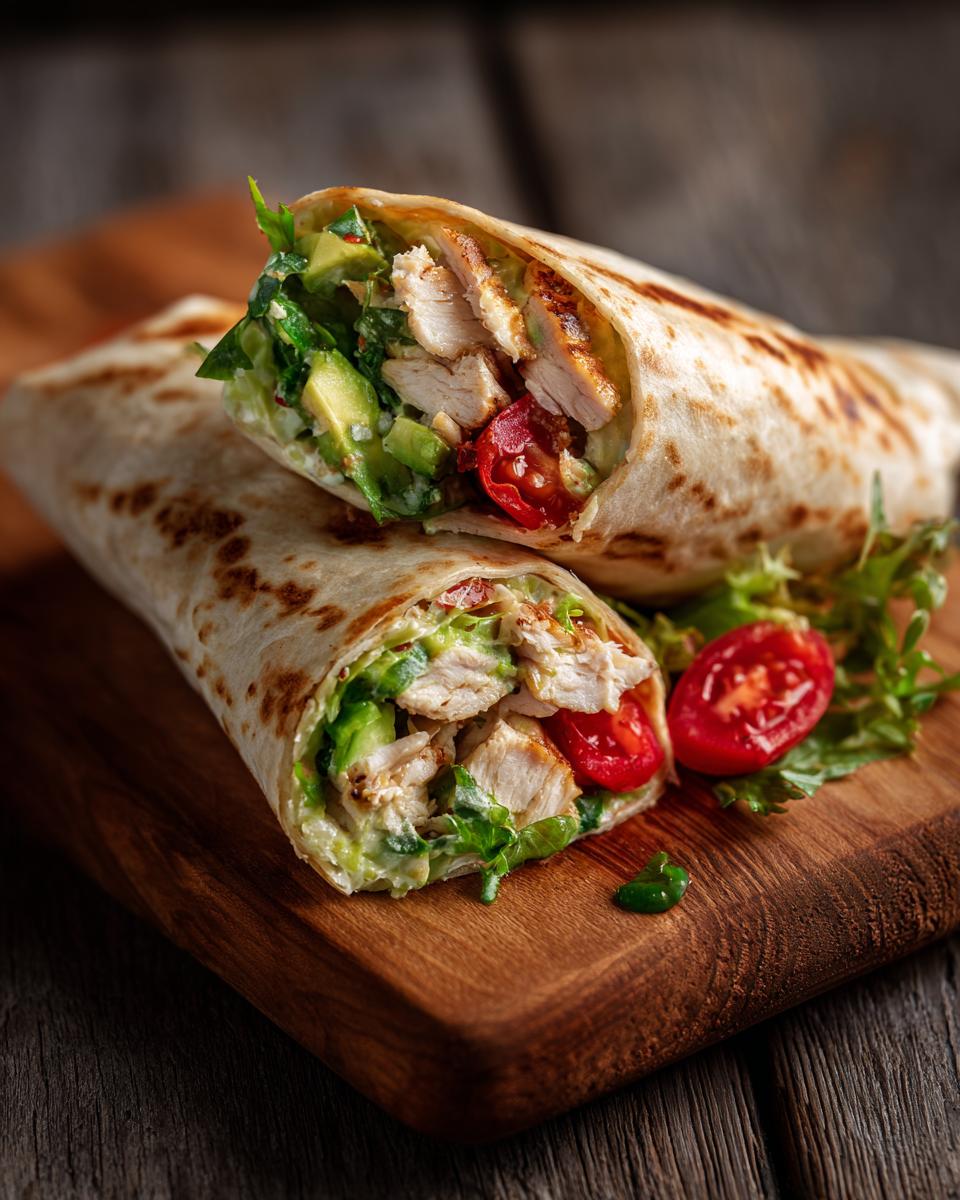 Two halves of a Chicken Avocado Wrap on a wooden board, showcasing the chicken, avocado, and tomato filling.