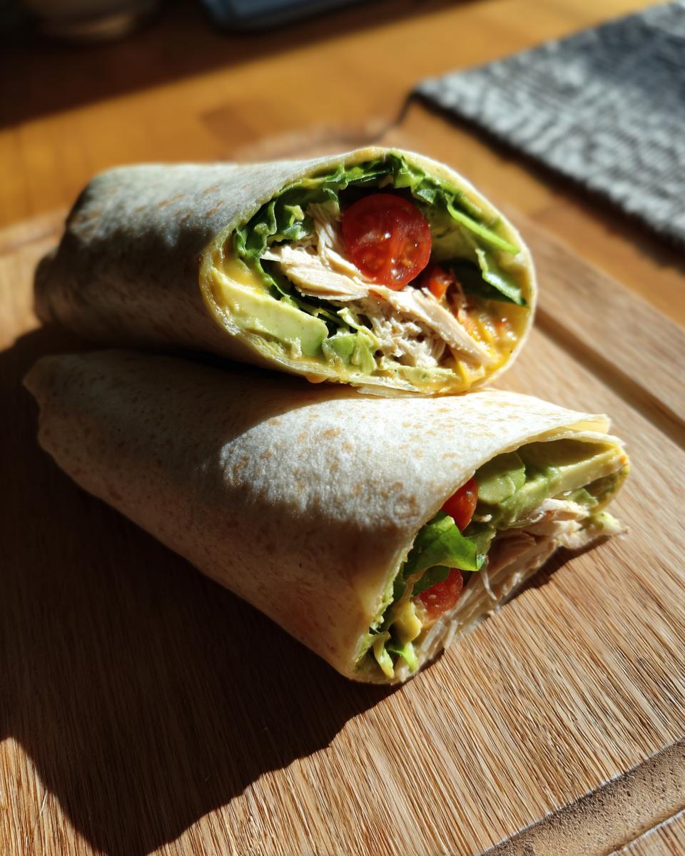 Two Chicken Avocado Wraps stacked on a wooden board, showing the filling of chicken, avocado, lettuce, and tomato.