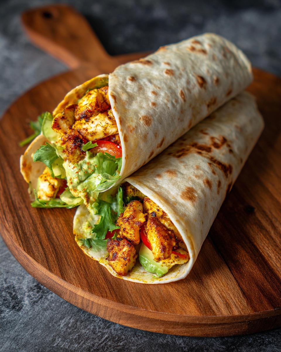 Two delicious Chicken Avocado Wrap on a wooden board, filled with grilled chicken, avocado, lettuce, and tomato.