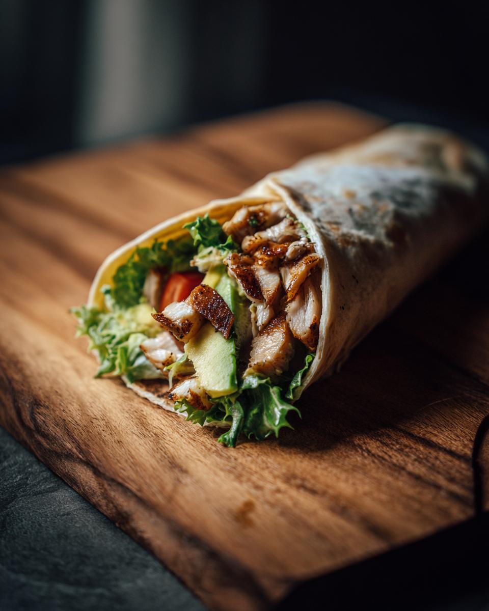 A tasty Chicken Avocado Wrap filled with grilled chicken, avocado, lettuce, and tomato on a wooden board.