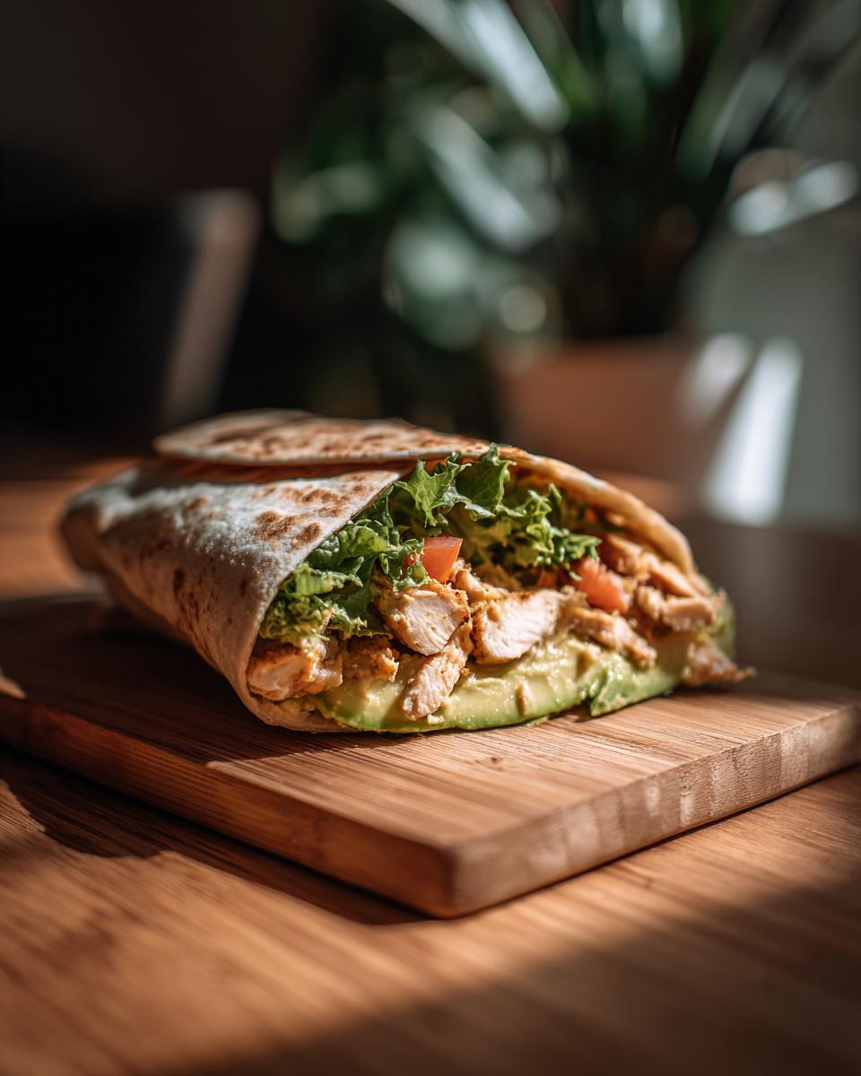 A tasty Chicken Avocado Wrap with chicken, avocado, lettuce, and tomato on a wooden board.