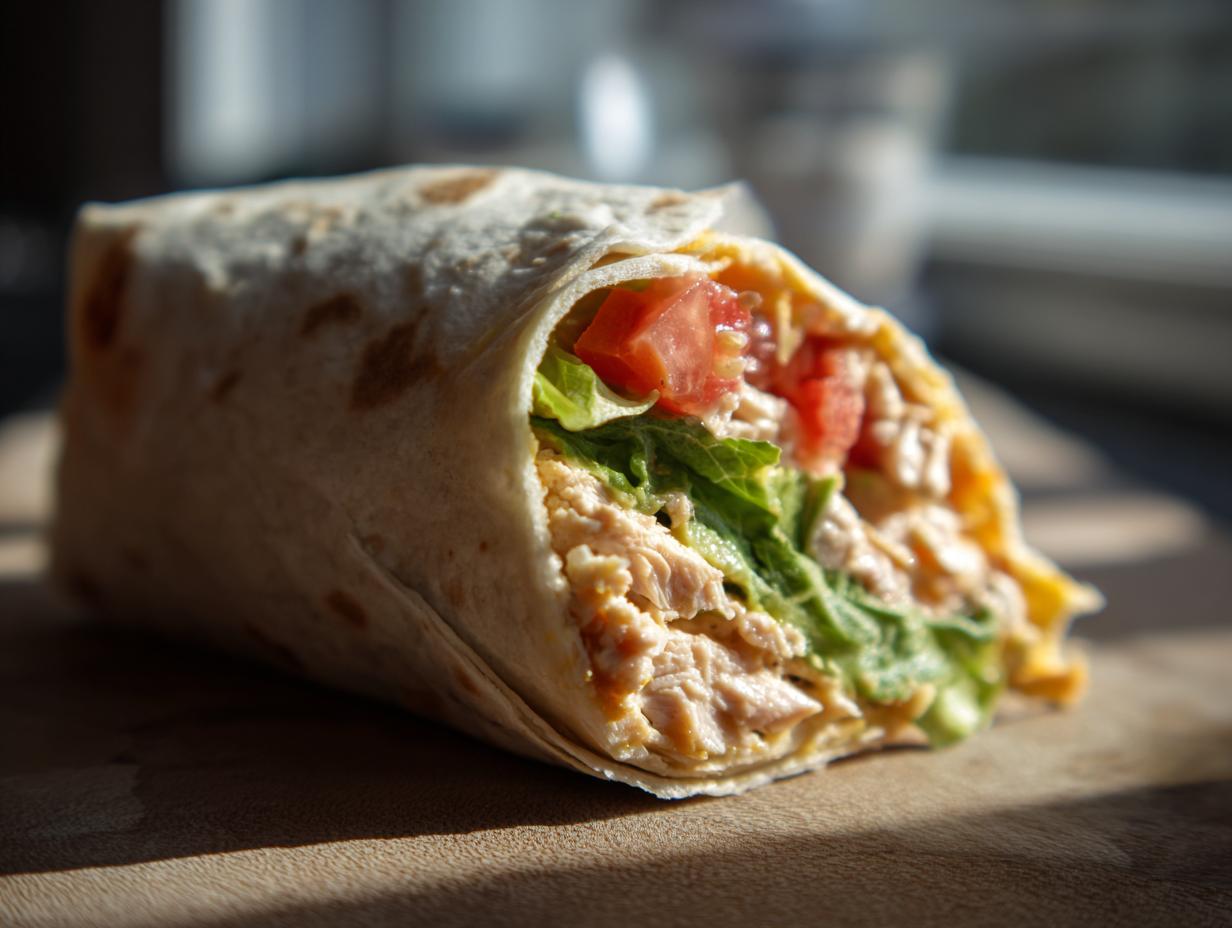 A close-up of a Chicken Avocado Wrap, showcasing the chicken, avocado, lettuce, and tomato filling.
