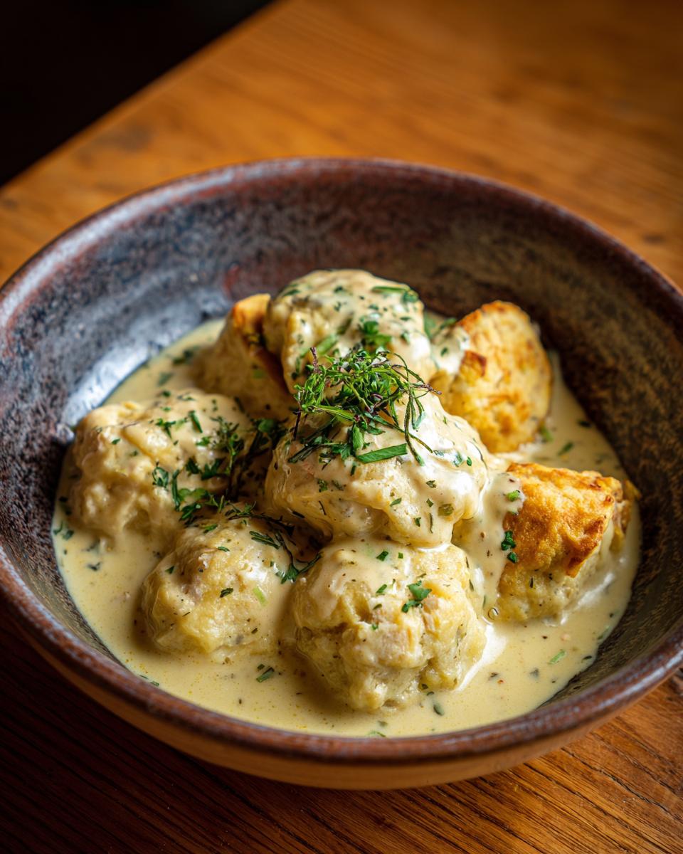 A bowl of ULTIMATE Easy Chicken and Biscuits Dumplings, garnished with fresh herbs and creamy sauce.