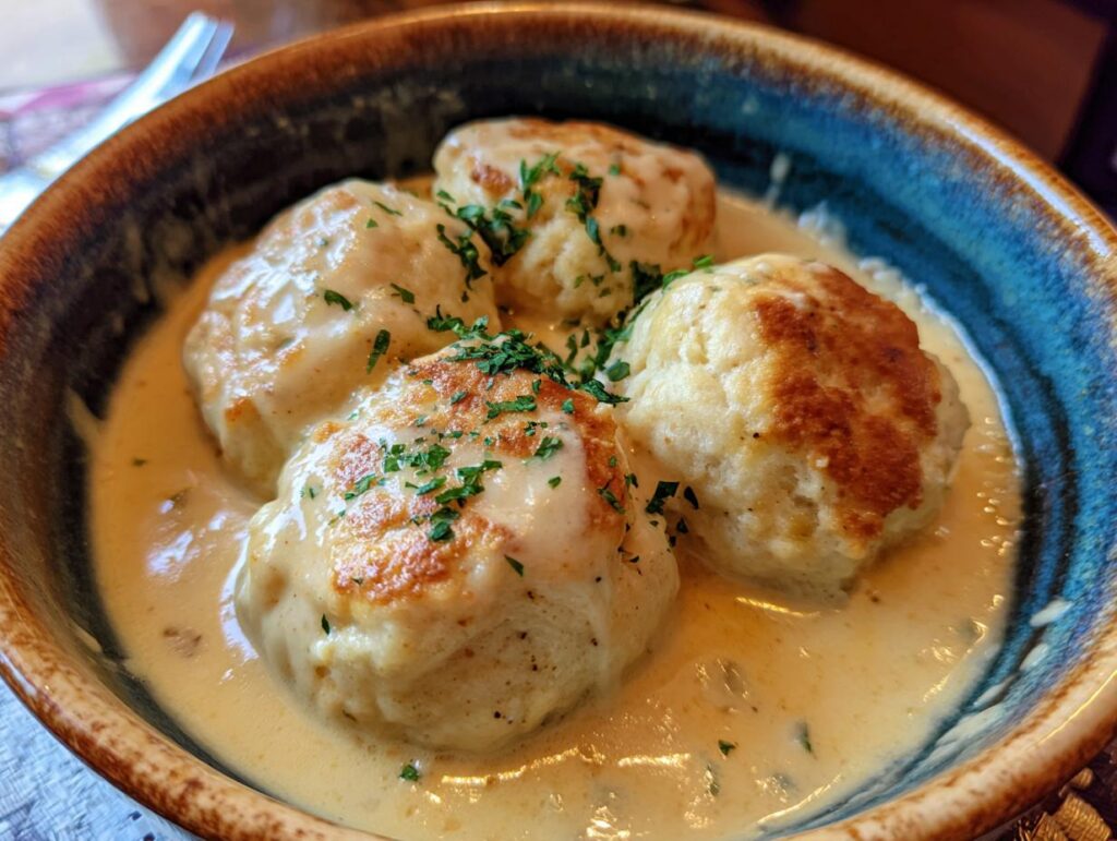 Bowl of ULTIMATE Easy Chicken and Biscuits Dumplings, topped with gravy and fresh herbs.