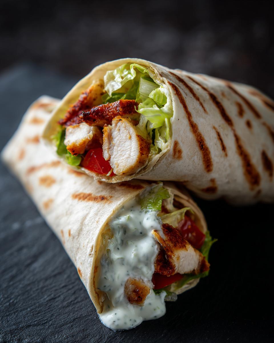 Two Chicken Caesar Wraps stacked, showcasing grilled chicken, lettuce, tomato, and creamy Caesar dressing.