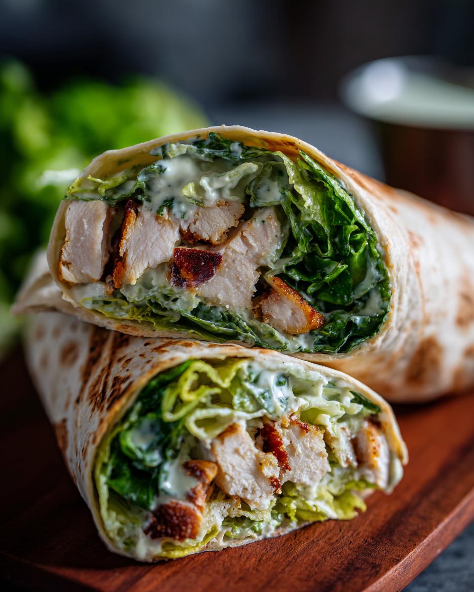 A Chicken Caesar Wrap cut in half, showcasing the chicken, lettuce, dressing, and tortilla.