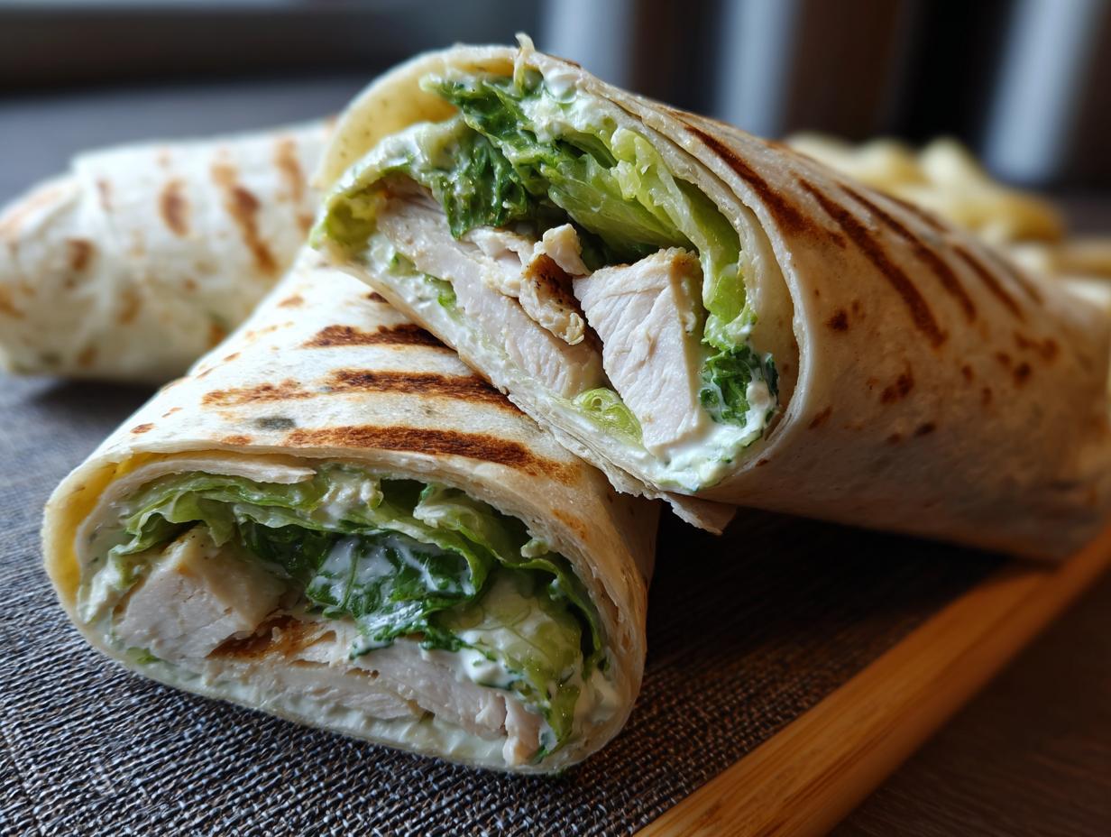 A Chicken Caesar Wrap cut in half, showcasing the chicken, lettuce, and creamy Caesar dressing filling.