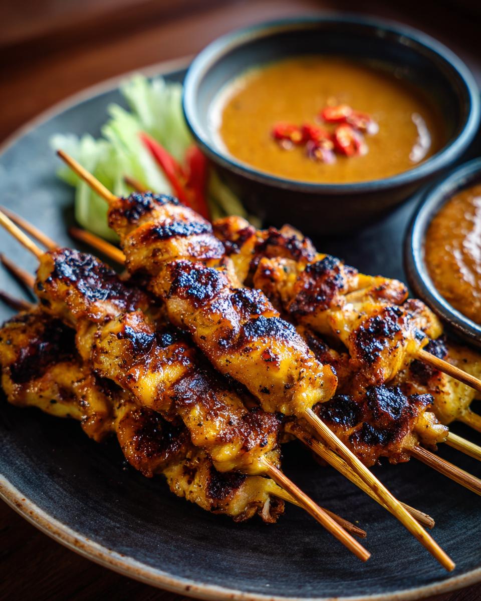 Delicious, grilled Juicy Secret! Best Chicken Satay Skewers served with peanut sauce and fresh garnish.