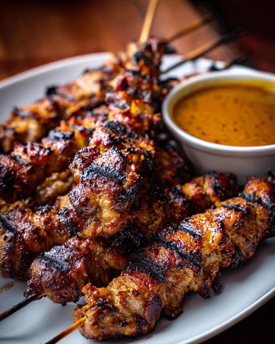 Close-up of grilled Juicy Secret! Best Chicken Satay Skewers served with peanut dipping sauce on a white plate.