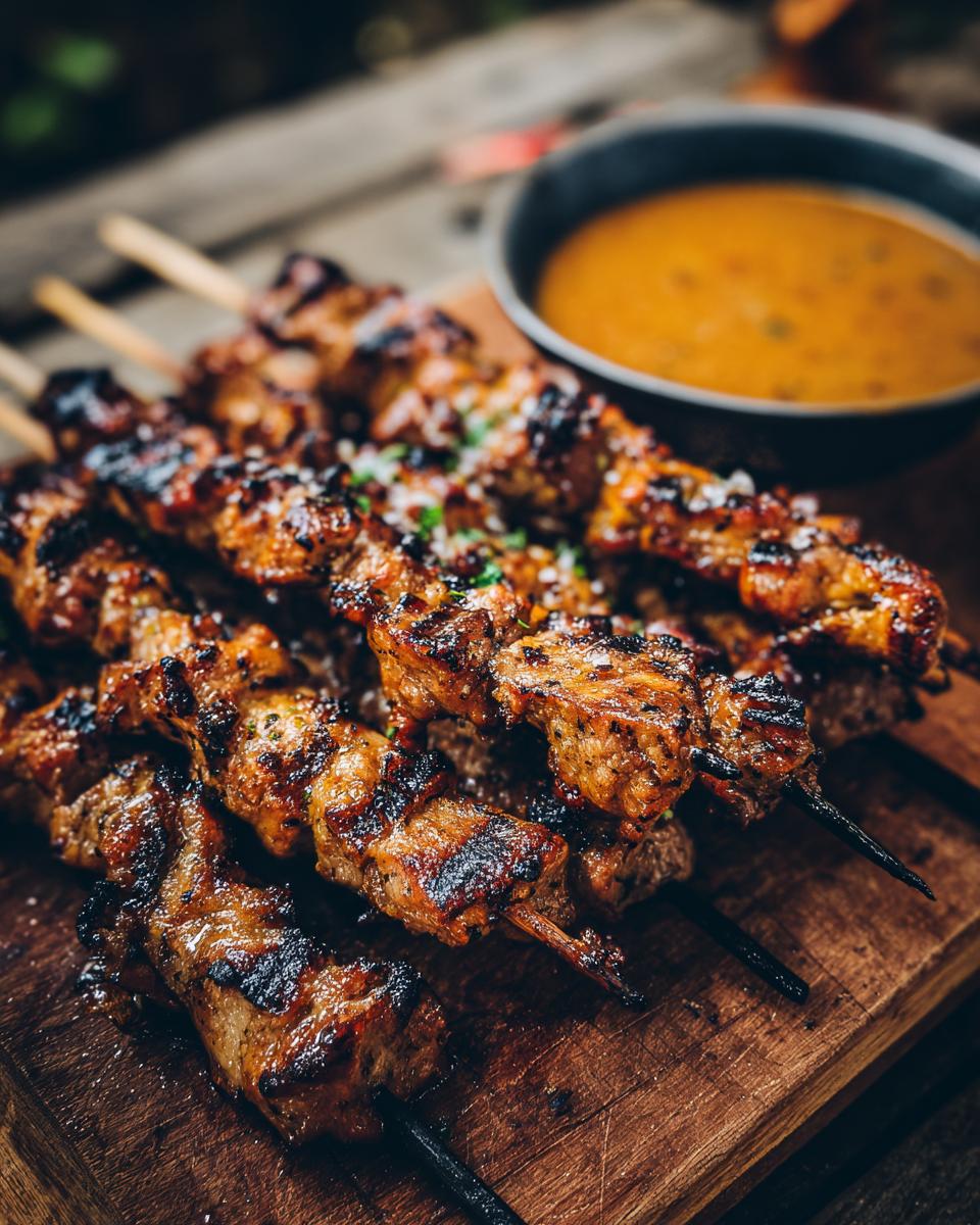 Close-up of grilled Juicy Secret! Best Chicken Satay Skewers on a wooden board with peanut sauce.