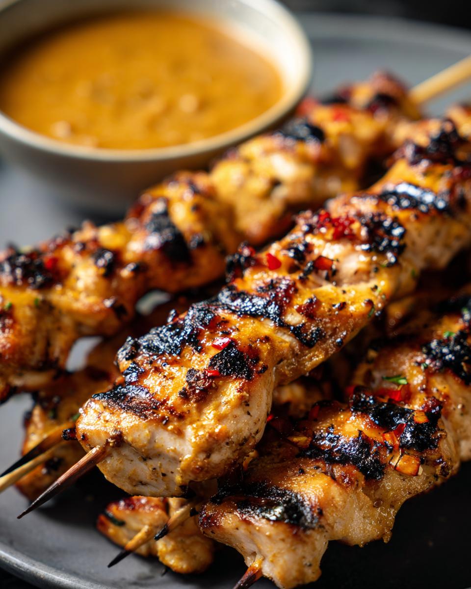 Close-up of grilled Juicy Secret! Best Chicken Satay Skewers with a bowl of peanut sauce.