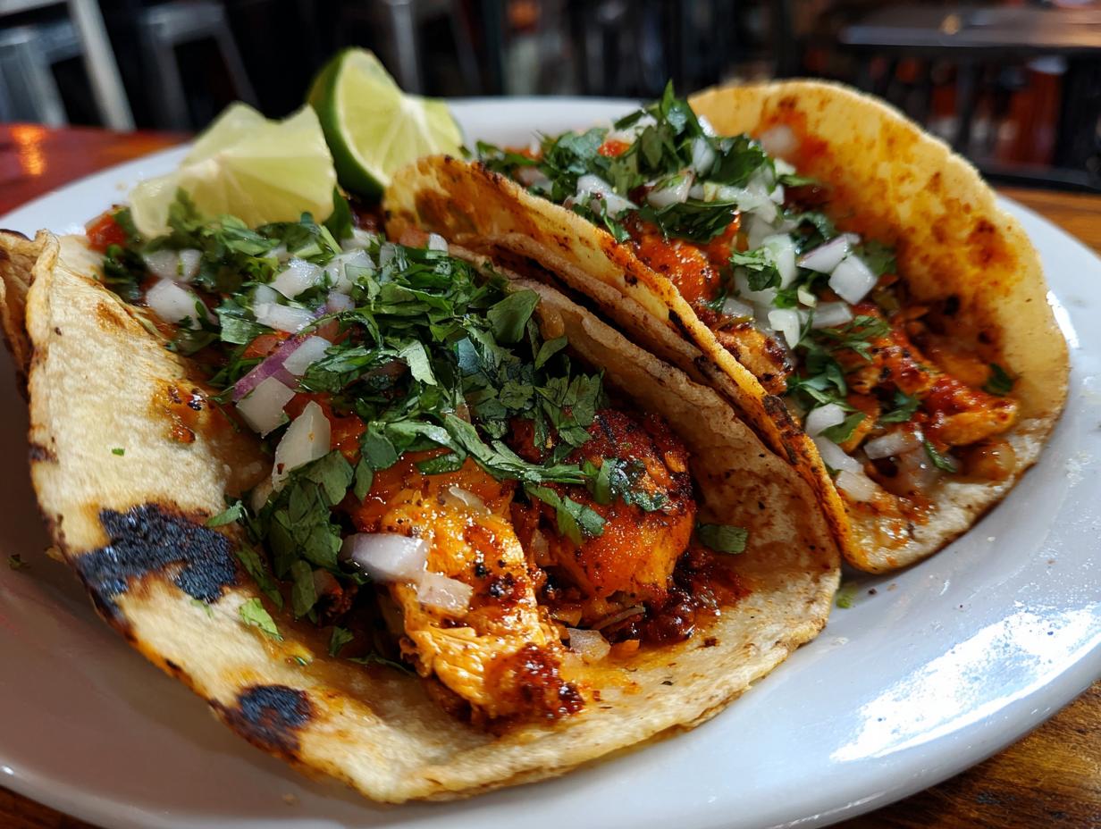 Two Chicken Street Tacos on a plate, garnished with cilantro, onions, and lime wedges.