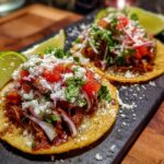 Two flavorful Chicken Street Tacos topped with fresh cilantro, tomatoes, cheese, and lime wedges.