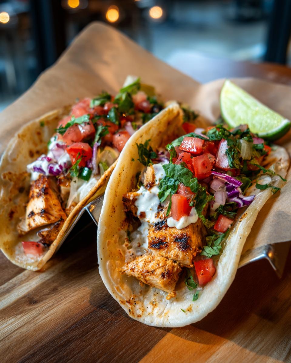 Two Chicken Street Tacos topped with fresh salsa, cilantro, and a lime wedge.