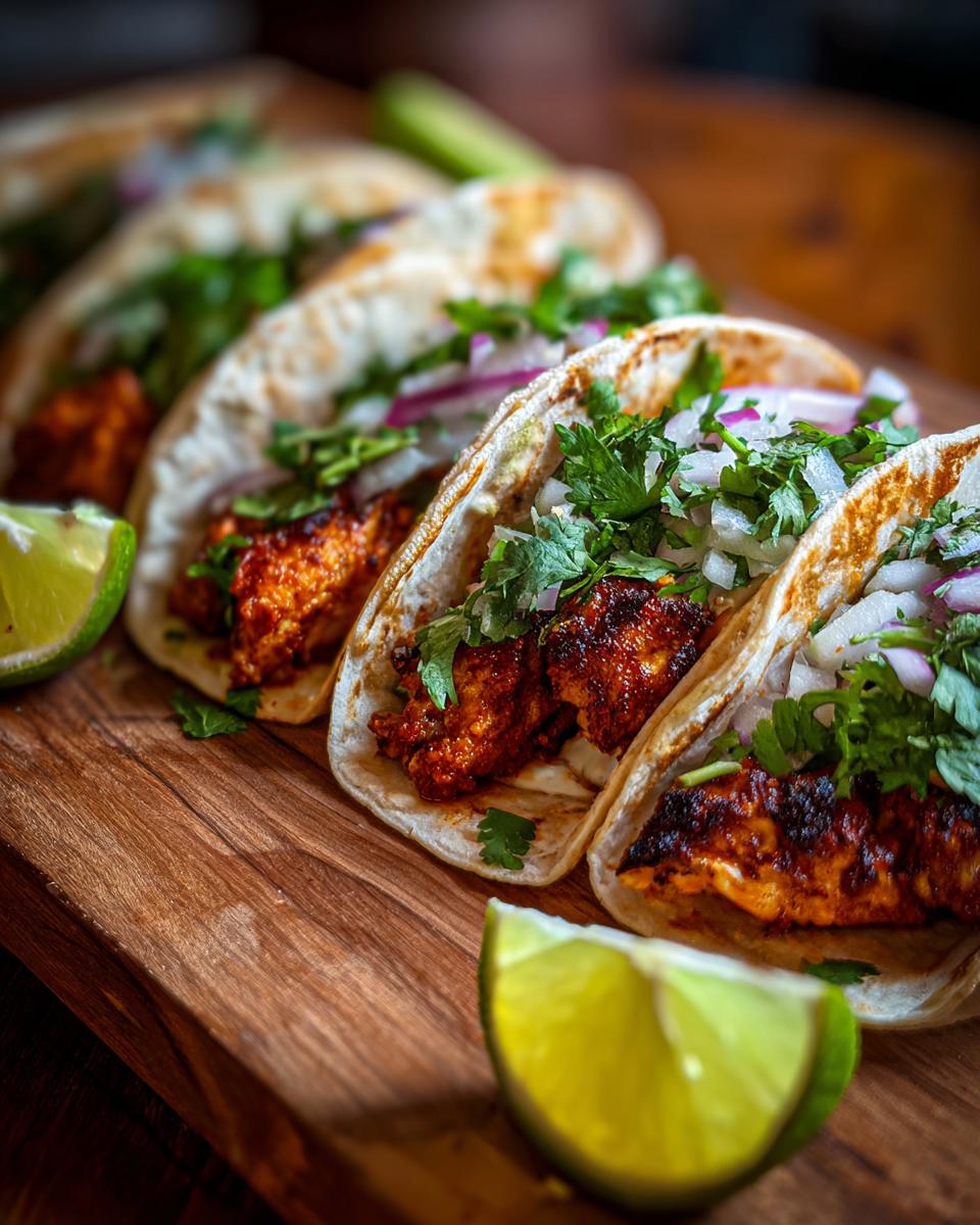 A wooden board topped with several Chicken Street Tacos, garnished with cilantro, onion, and lime wedges.