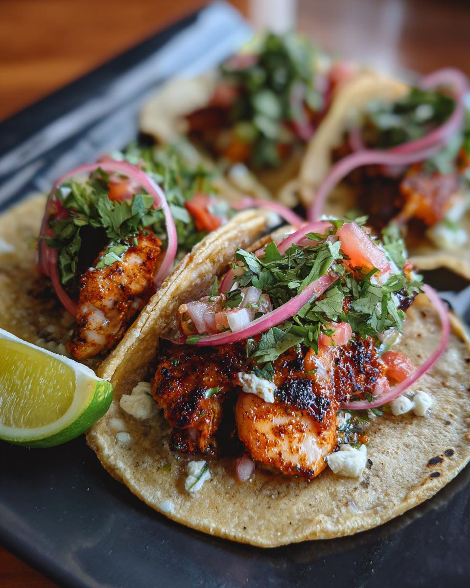 Close-up of Chicken Street Tacos with toppings like cilantro, red onion, and lime on a dark plate.