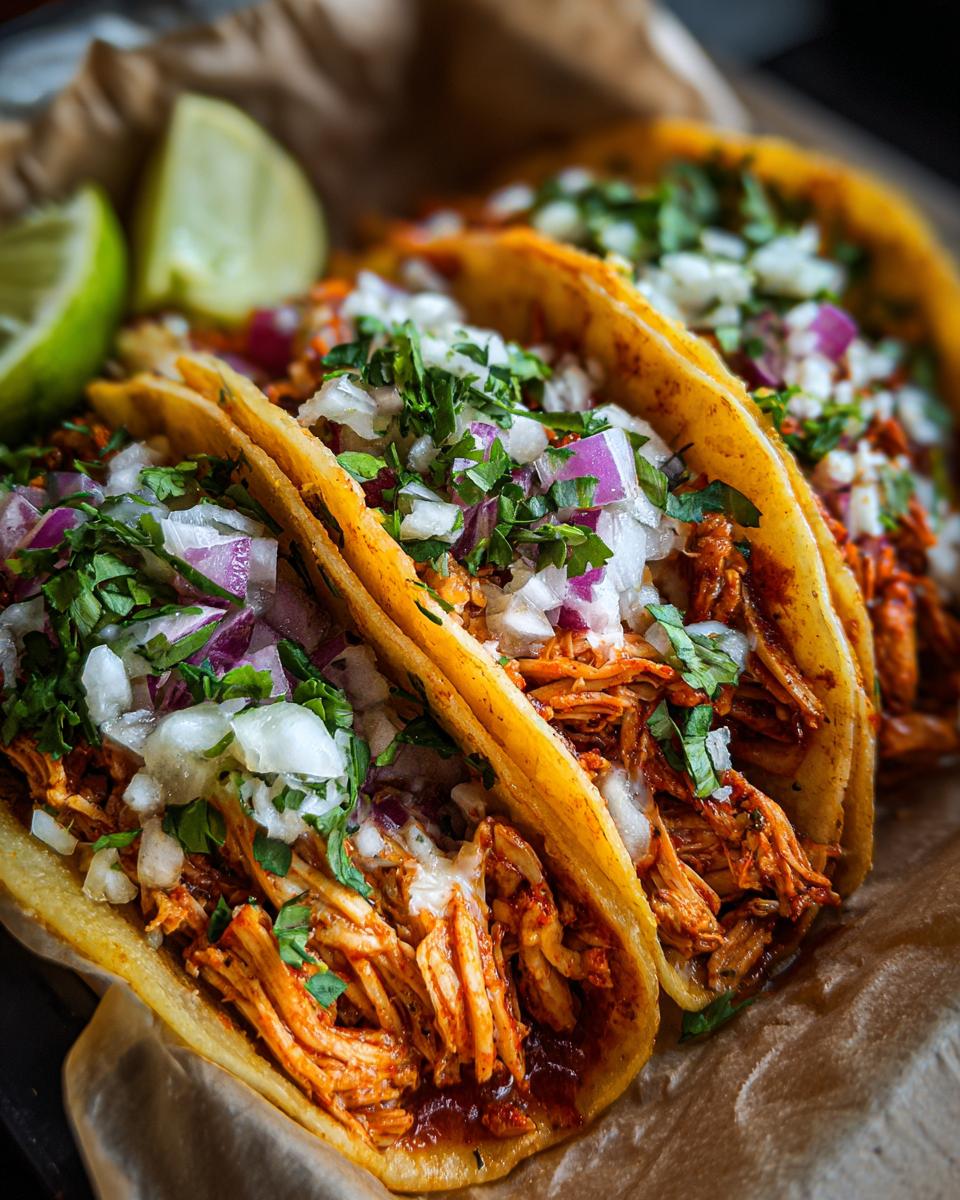 Three Chicken Street Tacos filled with chicken, onions, cilantro, and lime wedges.