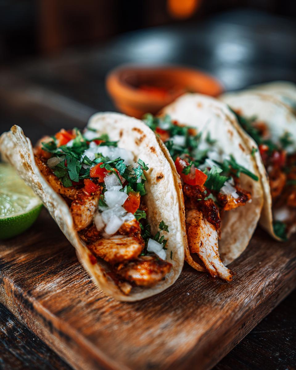 Three Chicken Street Tacos on a wooden board, topped with fresh cilantro, onion, and tomatoes with a lime wedge.