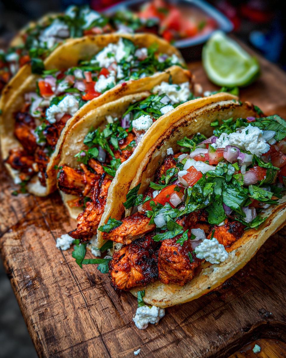 Close-up of flavorful Chicken Street Tacos with fresh toppings on a wooden board, ready to eat.