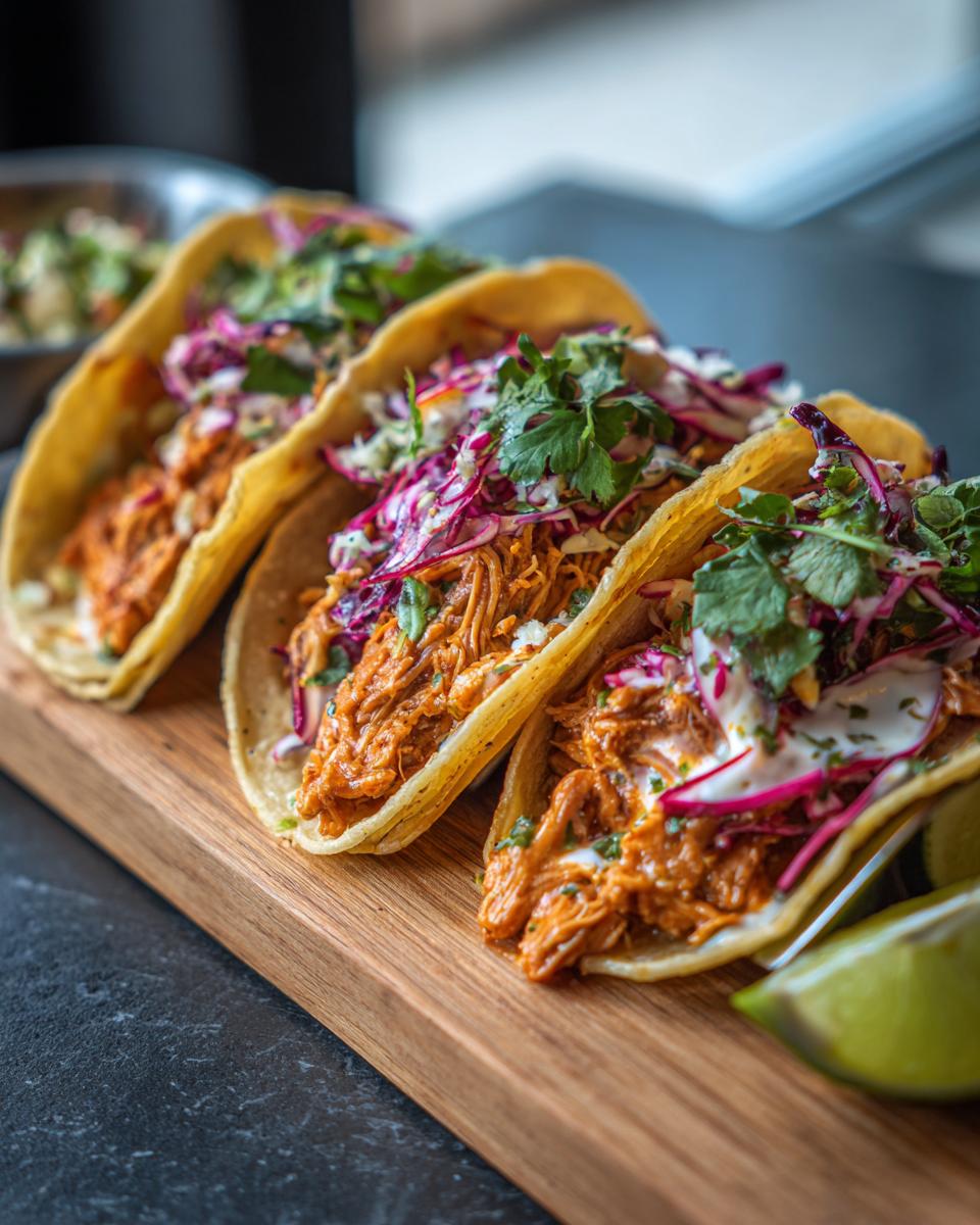 Three Chicken Street Tacos on a wooden board, topped with cilantro, cabbage, and lime.