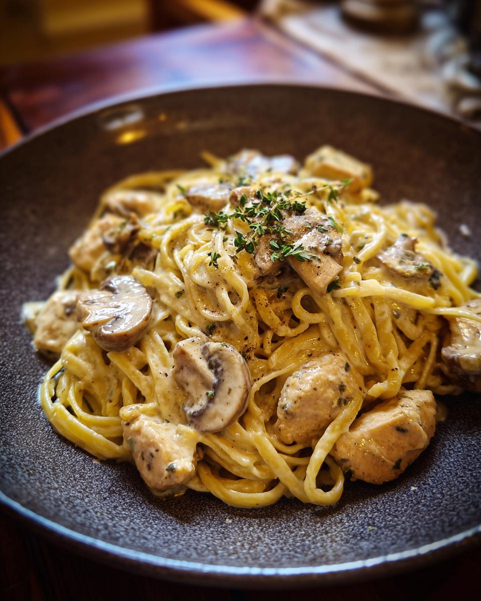 A bowl of creamy Chicken Stroganoff with pasta, mushrooms, and herbs, ready to be served.