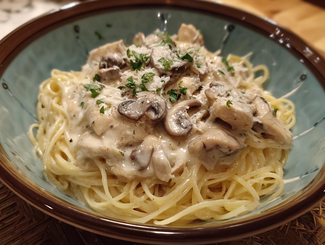 A bowl of Chicken Stroganoff featuring creamy sauce, mushrooms, chicken, and pasta, garnished with parsley.