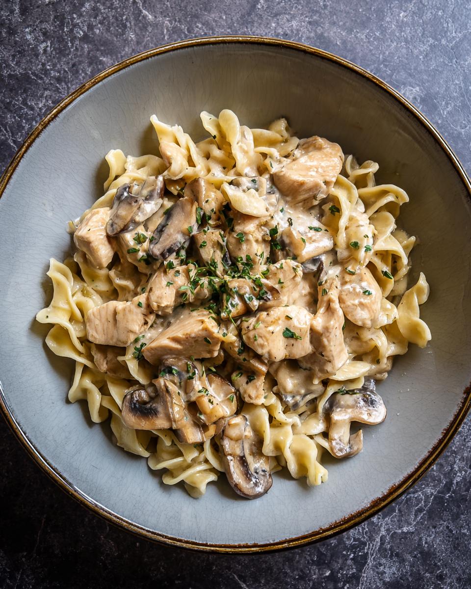 Overhead shot of creamy Chicken Stroganoff with mushrooms and egg noodles in a gray bowl, garnished with herbs.