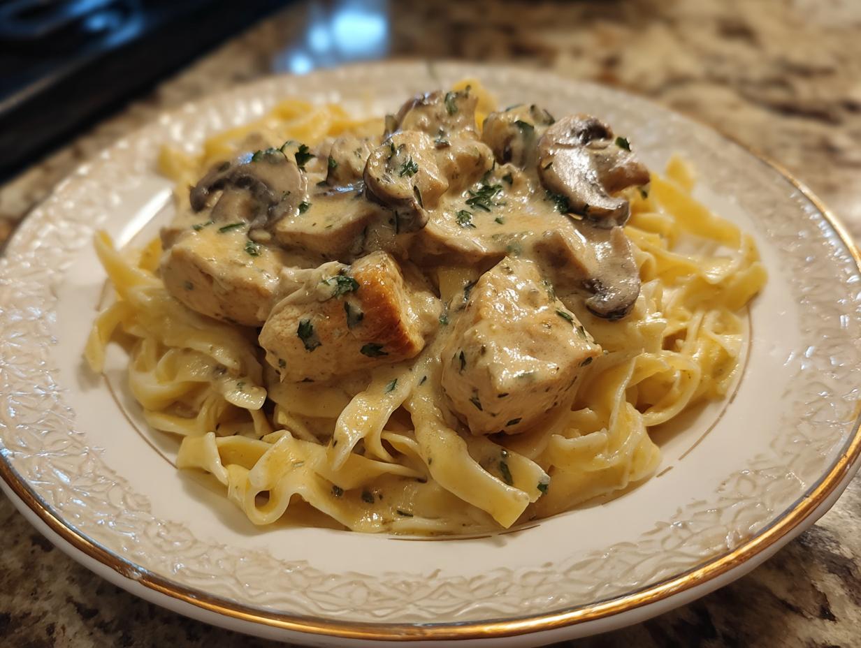 A plate of creamy Chicken Stroganoff with mushrooms, served over fettuccine pasta and garnished with parsley.