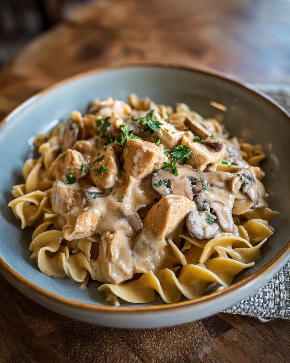 A delicious bowl of Chicken Stroganoff featuring egg noodles, creamy sauce, chicken pieces, and sliced mushrooms.