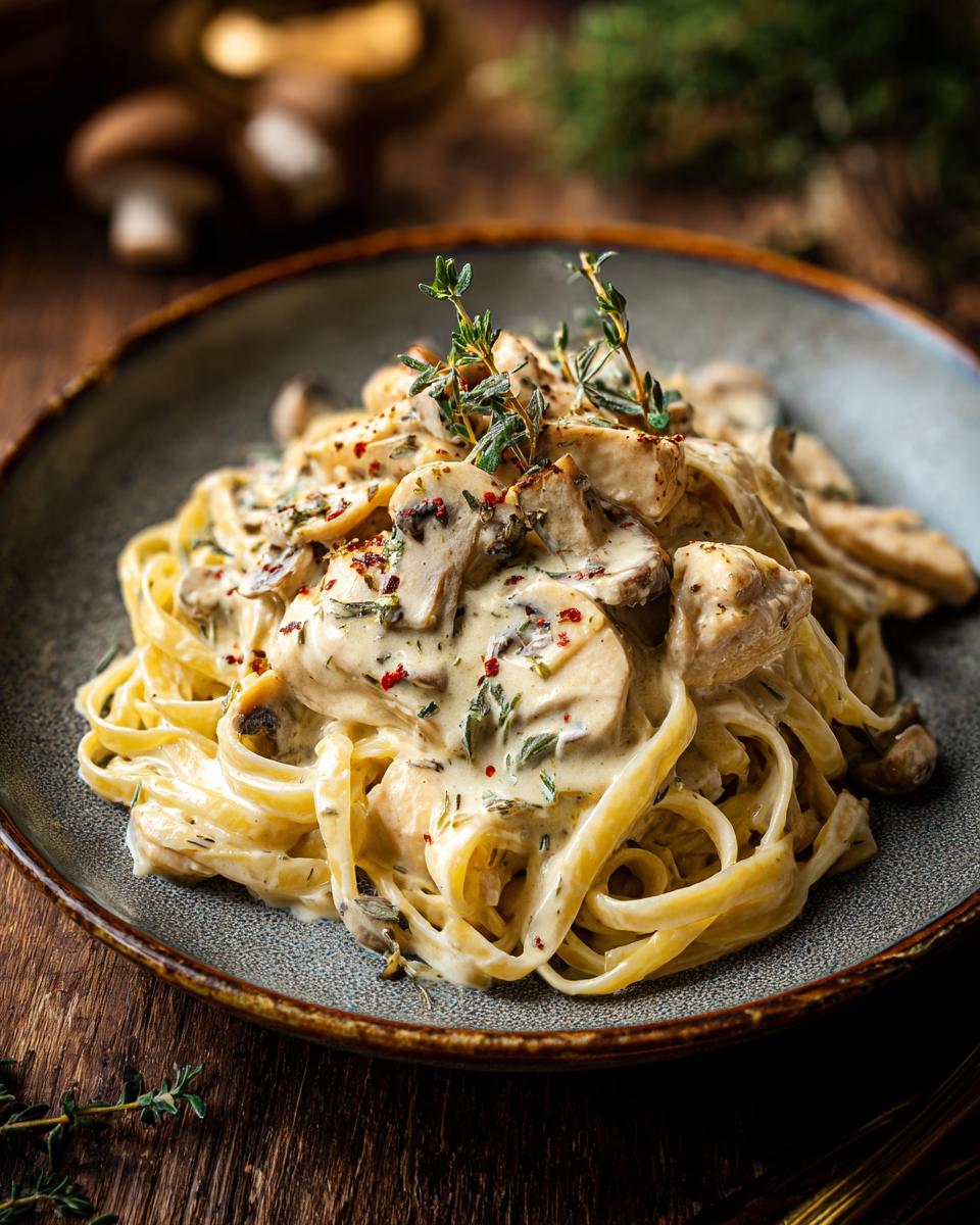 Close-up of Chicken Stroganoff served over pasta, topped with herbs and spices in a rustic bowl.