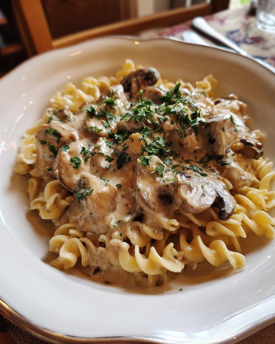 A delicious plate of Chicken Stroganoff with creamy sauce, mushrooms, and fresh parsley, served over spiral pasta.