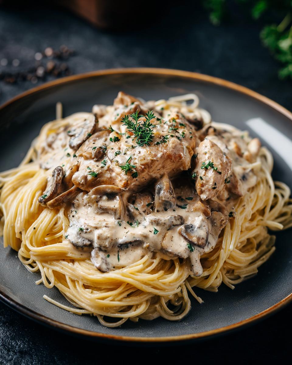 A plate of Chicken Stroganoff featuring creamy sauce, mushrooms, and chicken served over spaghetti.