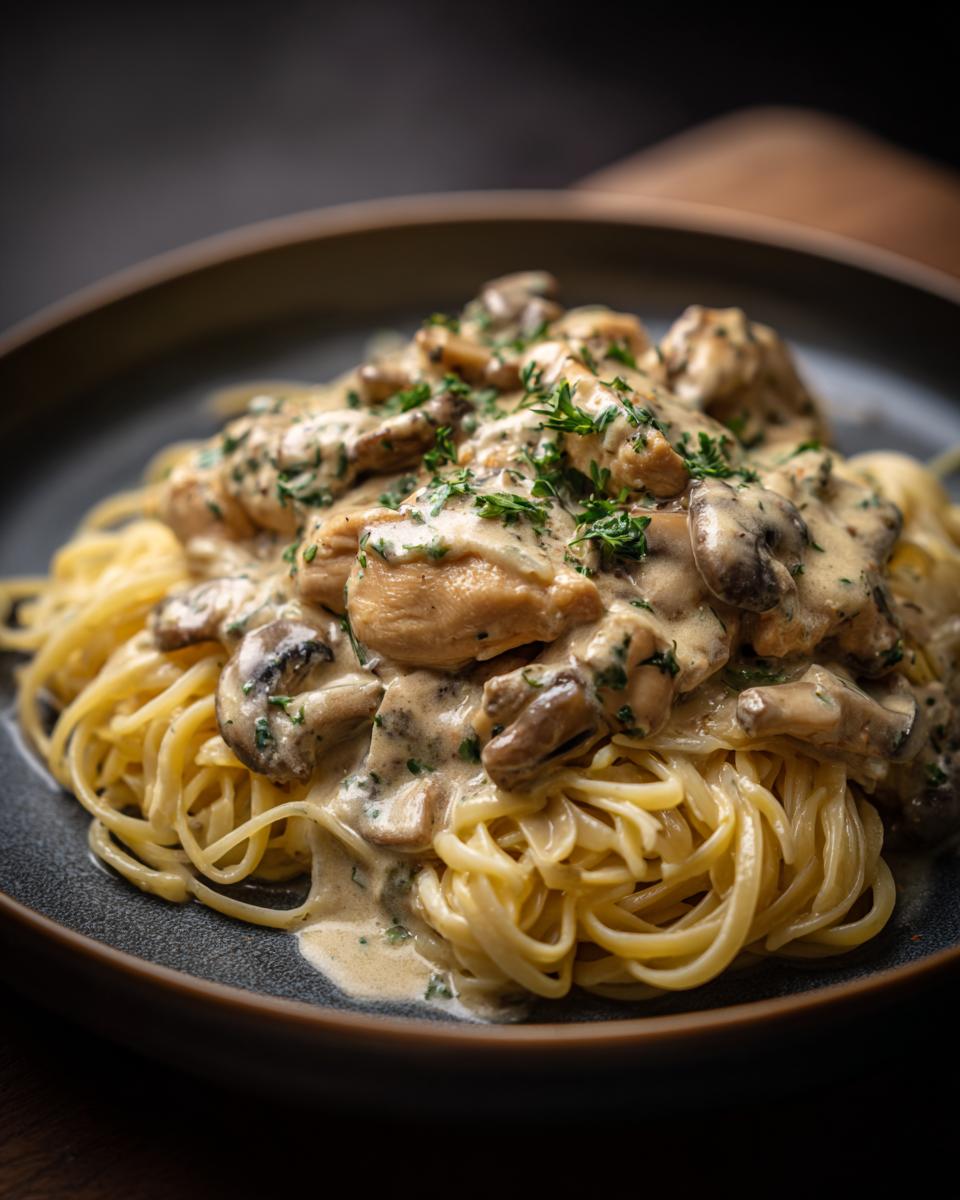 A plate of Chicken Stroganoff featuring creamy sauce, mushrooms, chicken, and parsley over spaghetti.