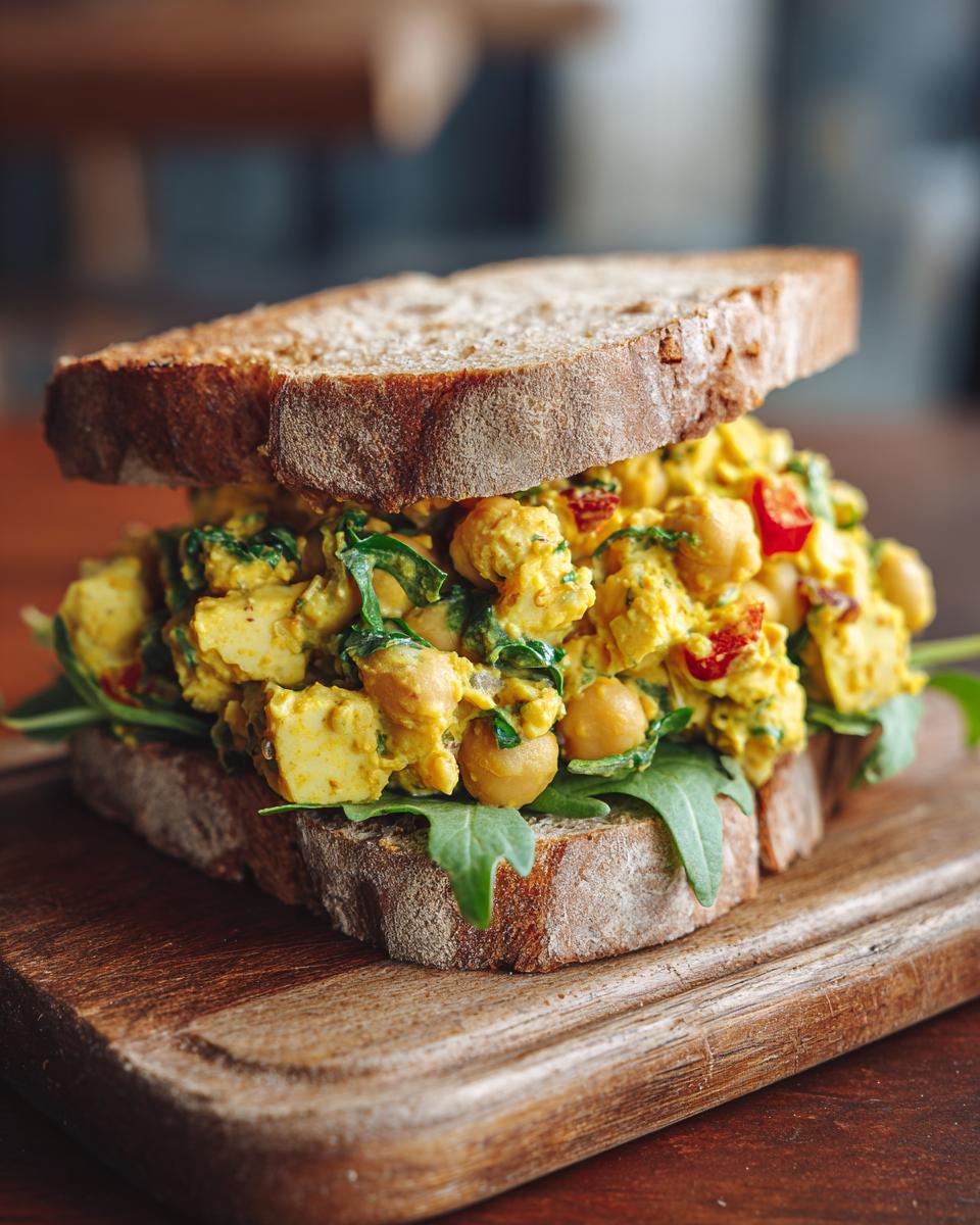 A hearty chickpea salad sandwich on rustic bread, garnished with greens and served on a wooden board. Perfect Chickpea Salad Sandwiches.